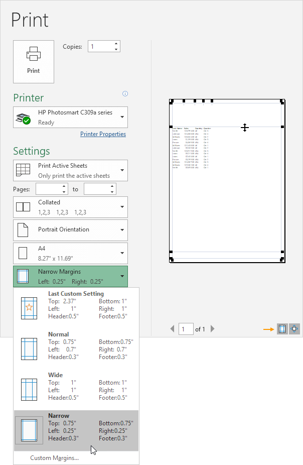 Adjust page Margins in Excel