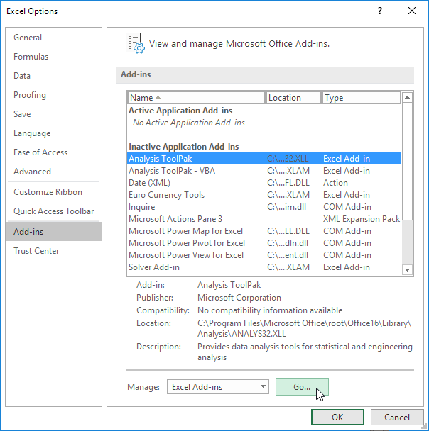 Analysis ToolPak in Excel: Click Analysis ToolPak