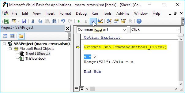 Macro Errors: Click Reset