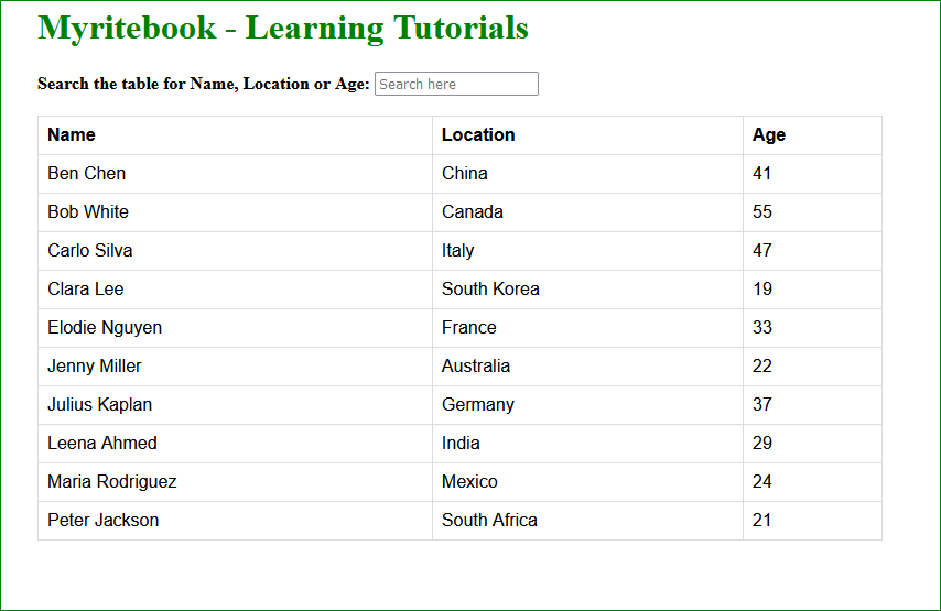 Create a Filter-Search HTML Table with JQuery